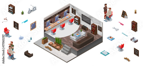 Interior constructor with 3d isometric people, hairdresser cutting hair, shaving at barber shop, characters, set for hipster hair salon, trendy furniture, barbershop accessories, mustache icon