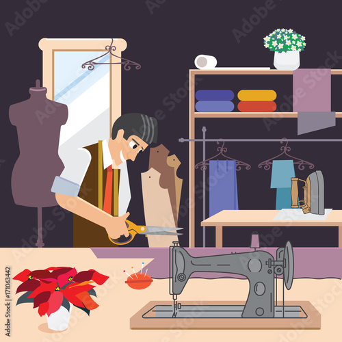 A tailor in sewing clothes, vector illustration. Cutter at work. Male seamstress tailors from fabric