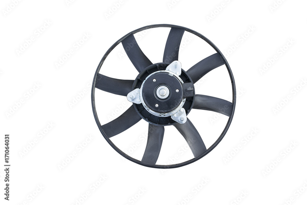 Obraz premium Car cooling fan with plastic blades radiator fan on white background