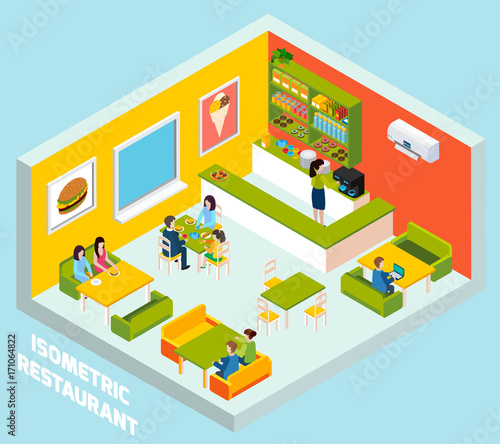  Restaurant Bar Interior Isometric Composition Poster