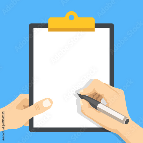 Hand holding clipboard with white blank sheet of paper and hand holding pen. Empty clipboard template. Modern flat design graphic elements. Vector illustration