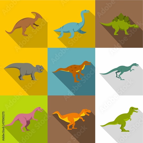 Fototapeta Naklejka Na Ścianę i Meble -  Different dinosaurs icon set, flat style
