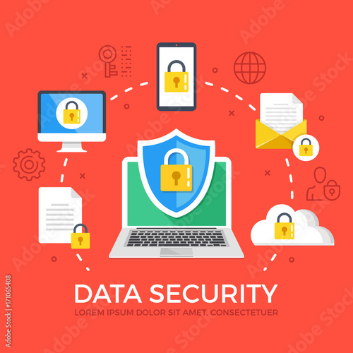 Data security flat illustration concept. Laptop with shield and lock. Creative flat icons set, thin line icons set, graphic elements. Modern vector illustration