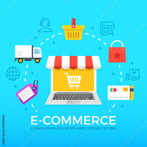 E-commerce flat illustration concept. Laptop with shopping cart. Creative flat icons set, thin line icons set, graphic elements. Modern vector illustration