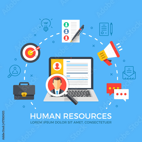Human resources flat illustration concept. Laptop with magnifying glass. Creative flat icons set, thin line icons set, graphic elements. Modern vector illustration