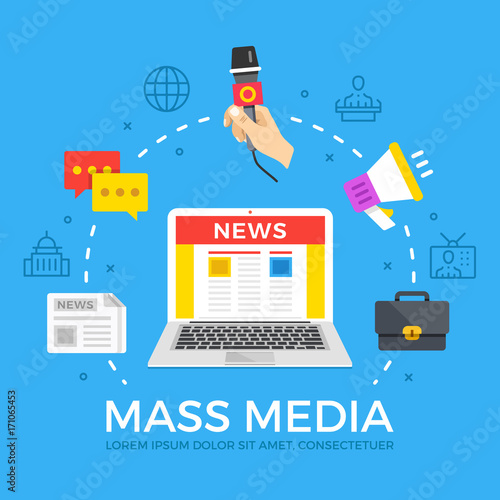 Mass media flat illustration concept. Laptop with online news website. Creative flat icons set, thin line icons set, graphic elements. Modern vector illustration