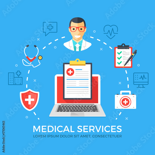 Medical services flat illustration concept. Laptop with medical clipboard. Creative flat icons set, thin line icons set, graphic elements. Modern vector illustration