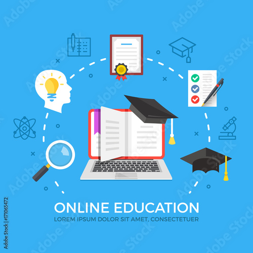 Online education flat illustration concept. Laptop with book and graduation hat. Creative flat icons set, thin line icons set. Modern vector illustration