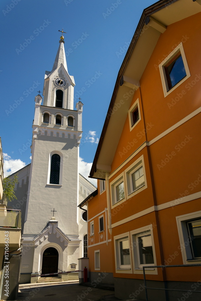 White Evangelic Church in Schladming city center, Austria