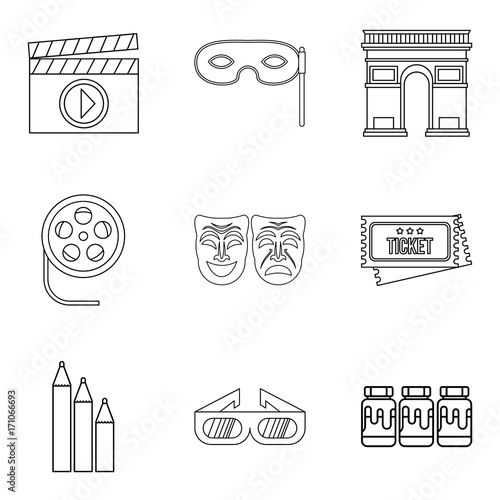 Watching movie icons set, outline style