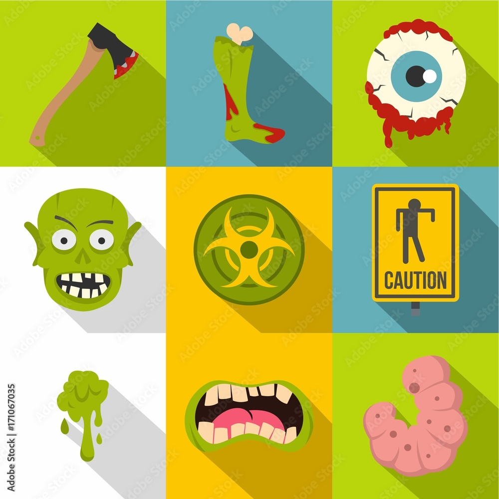 Zombie element icon set, flat style