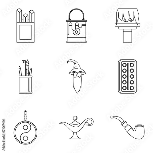 Asian theater icons set, outline style