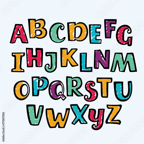 Hand drawn marker colorful uppercase alphabet. Kid style drawing font and signs.