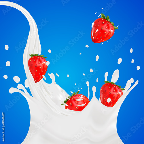 3d strawberry yogurt flavour ad promotion. milk splash with fruits isolated on blue. daily product crown.