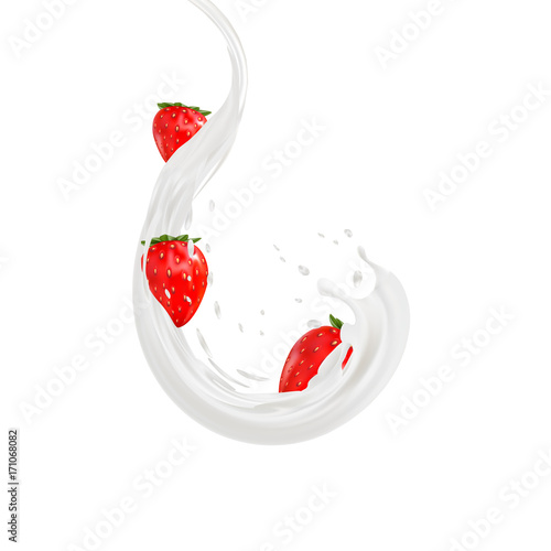 3d strawberry yogurt flavour ad promotion. milk splash with fruits isolated on white.