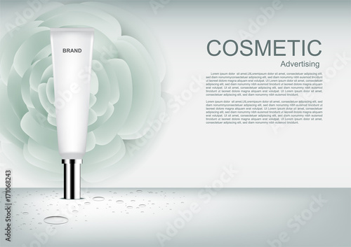 Cosmetic ads template, Beauty cosmetic tube serum, moisturizer on green camellia background