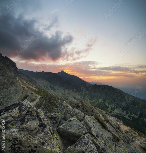 Mountain valley during sunset. Beautiful natural landscape in the Tatry mountain, Slovakia