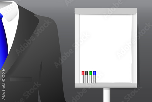Concept of men`s suit standing next to the empty flipchart