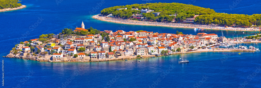 Adriatic tourist destination of Primosten aerial panoramic archipelago view