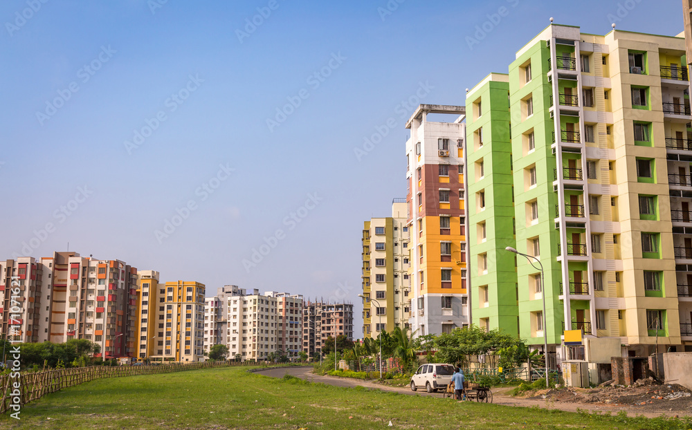 City residential neighborhood with colorful tall buildings at Kolkata India.
