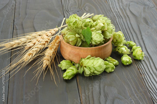 Beer brewing ingredients Hop cones in wooden bowl and wheat ears on dark wooden background. Beer brewery concept. Beer background