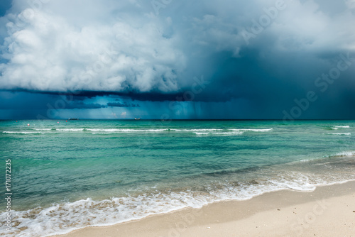 Hurricane. Hurricane in Florida.  Clouds of storm over the ocean. Miami beach. Black and white.
