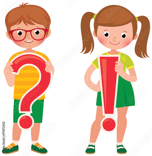 Children students are holding a question and exclamation mark