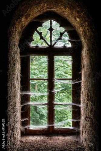 Altes Fenster eines Schlosses mit Spinnweben im Gegenlicht