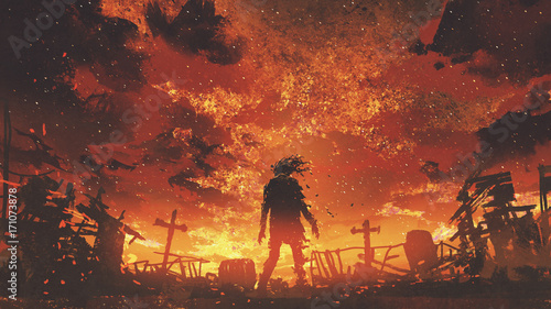 zombie walking in the burnt cemetery with burning sky, digital art style, illustration painting