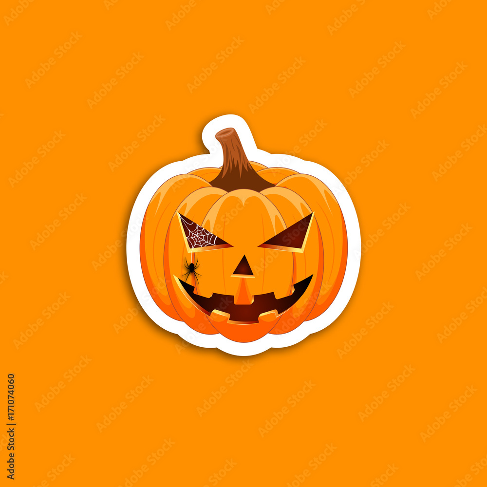 Pumpkin sticker on an orange background. The main symbol of the Happy Halloween holiday. Orange pumpkin with smile for your design for the holiday Halloween. Vector illustration. Pumpkin sticker on an orange background. The main symbol of the Happy Halloween holiday. Orange pumpkin with smile for your design for the holiday Halloween. Vector illustration.