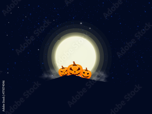 Pumpkin on hill with a full moon and starry night sky. Design for happy Halloween. Vector illustration.