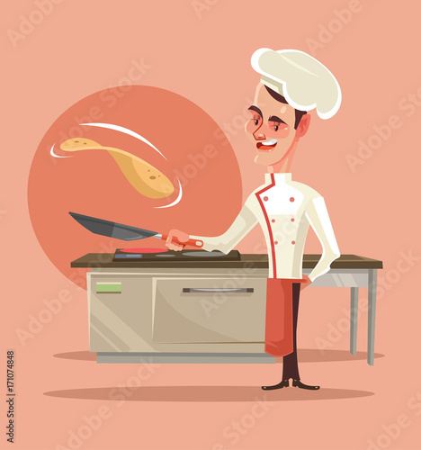 Happy smiling cook character cooking pancakes and pushes them into the air. Vector flat cartoon illustration