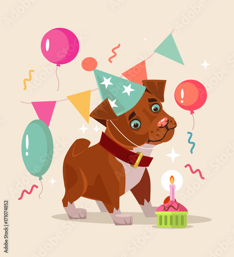 Happy smiling dog character celebrates birthday. Vector flat cartoon illustration