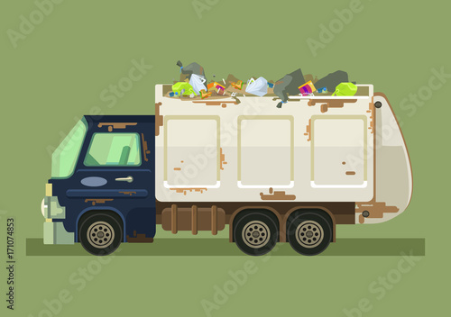 Isolated garbage truck. Vector flat cartoon illustration
