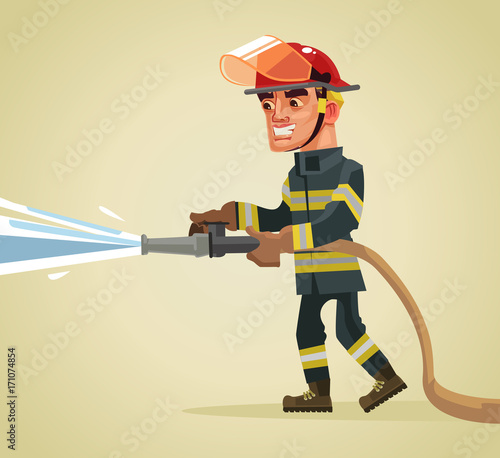 Smiling fireman character holding hose extinguishing fire with water. Vector flat cartoon illustration