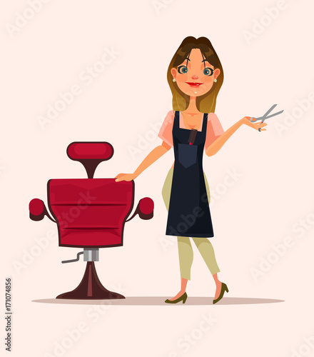 Happy smiling hairdresser woman character is waiting for client. Vector flat cartoon illustration