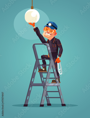 Happy smiling worker character changes light bulb. Vector flat cartoon illustration