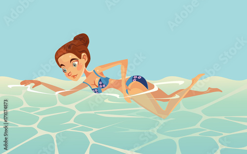 Happy smiling woman character swim. Vector flat cartoon illustration