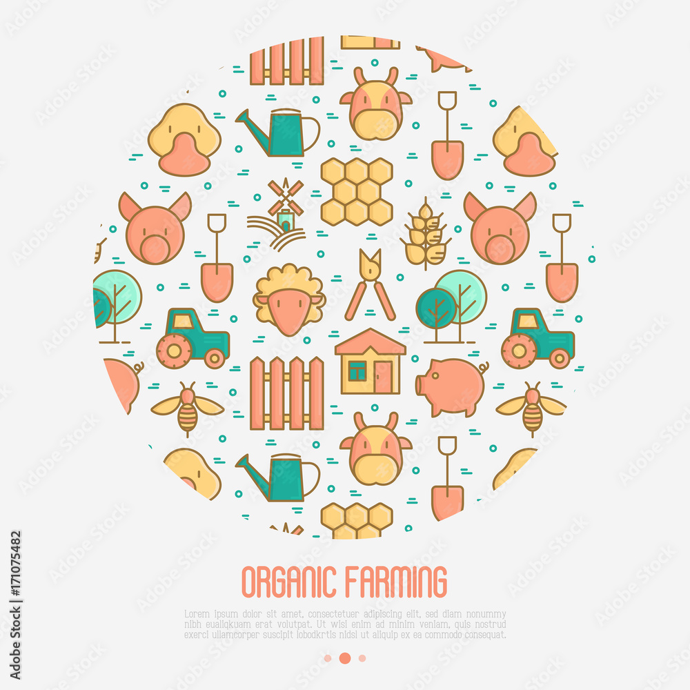 Organic farming concept in circle with thin line icons of animals, tools and symbols for eco products, farming flyers and banners. Agriculture vector illustration for web page, print media.