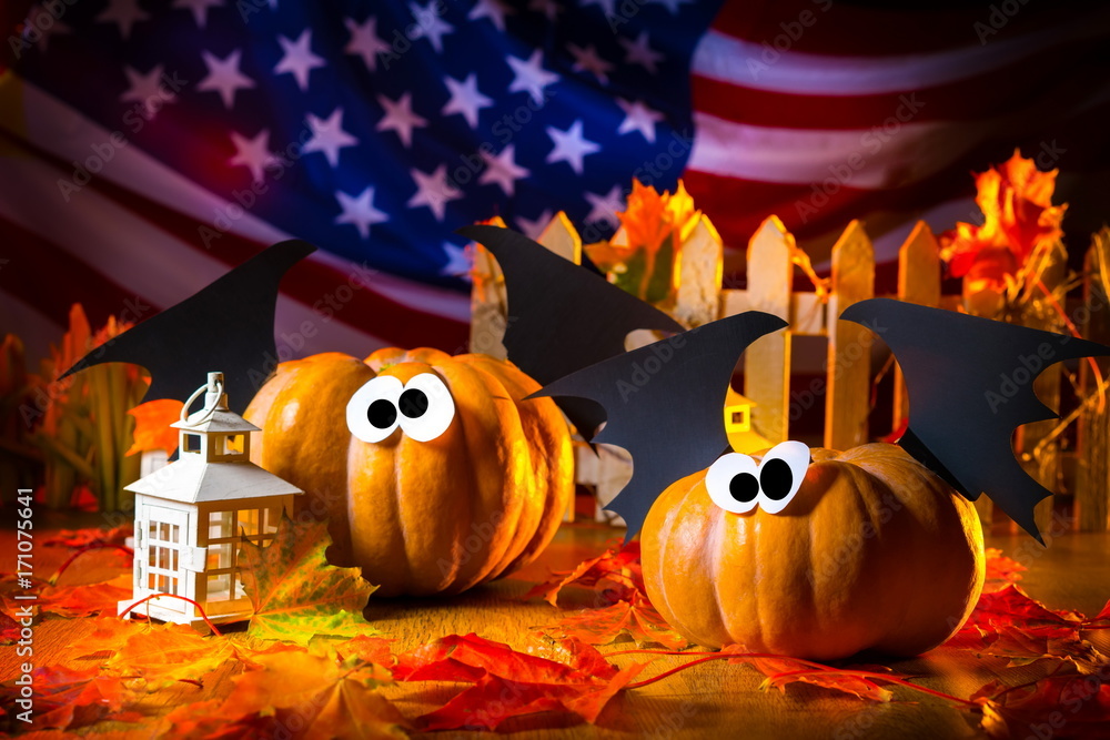 American Halloween Holiday Merry Pumpkins Decoration Of Halloween In The Usa Stock Photo Adobe Stock