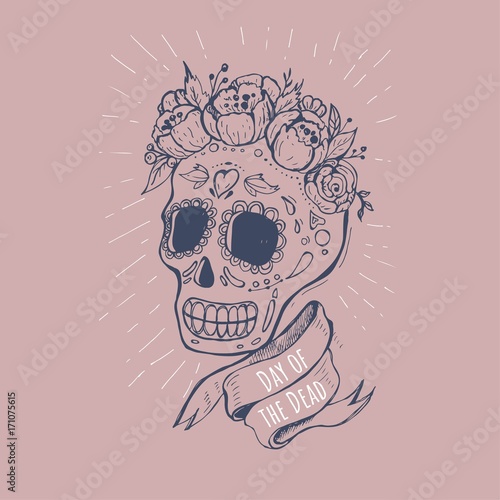 Hand-drawn poster to the Day of the dead party. Dea de los muertos card.