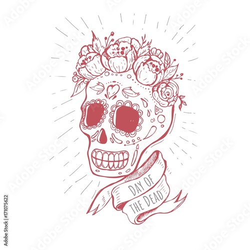Hand-drawn poster to the Day of the dead party. Dea de los muertos card.