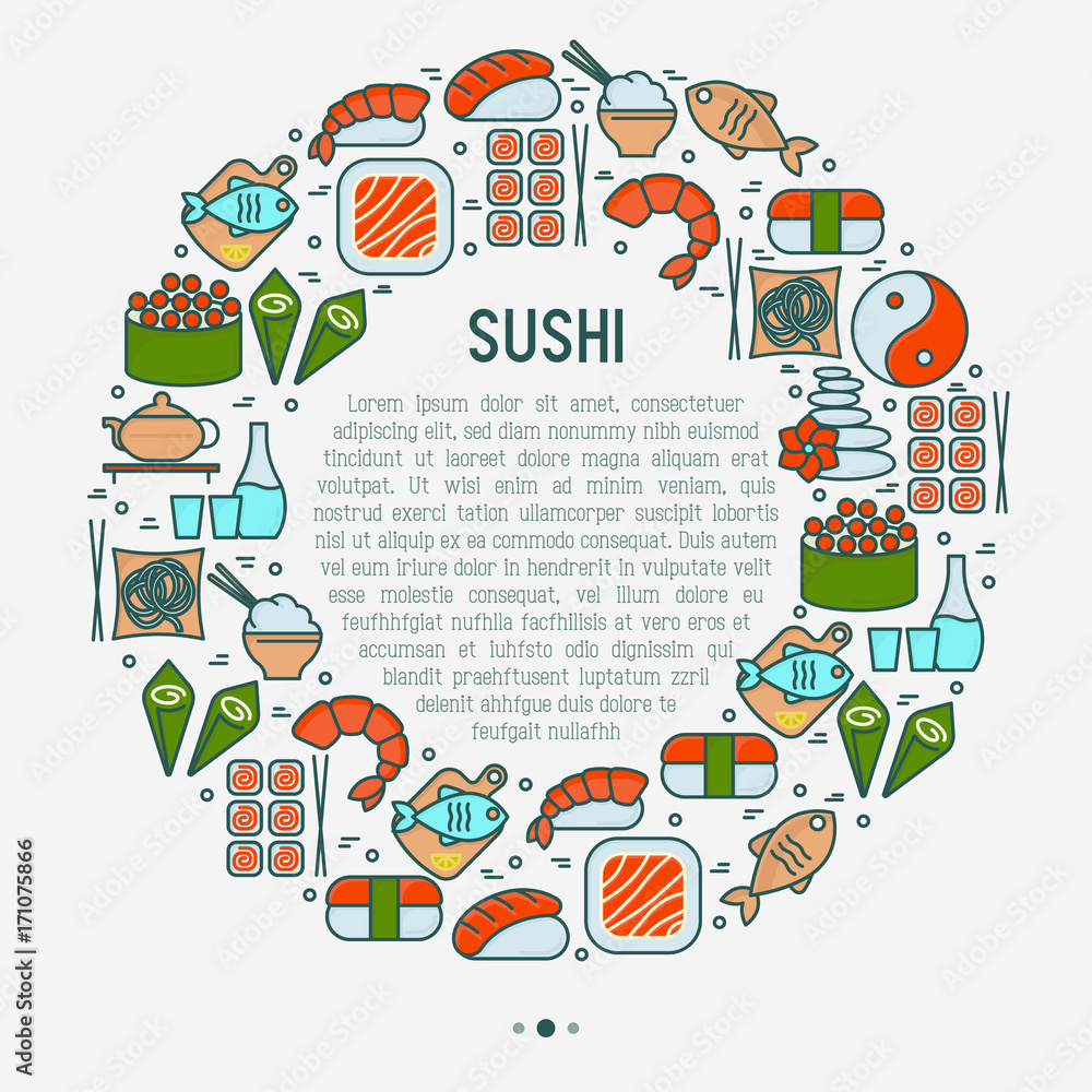 Japanese food concept in circle with thin line icons of sushi, noodles, tea, rolls, shrimp, fish, sake. Vector illustration for banner, web page or print media.