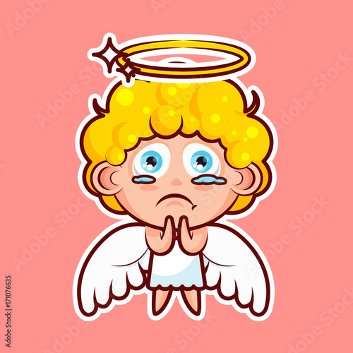 Sticker emoji emoticon, emotion beg, ask, pray, tears in eyes, vector illustration character sweet divine entity, heavenly angel, saint spirit, angel wings, radiant halo