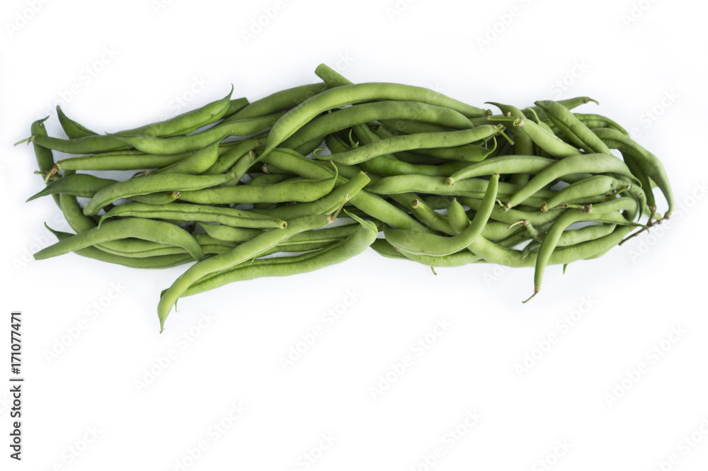 Fresh green beans isolated on white background. Green beans with copy space for text. Fresh green beans isolated on white background. Green beans with copy space for text.