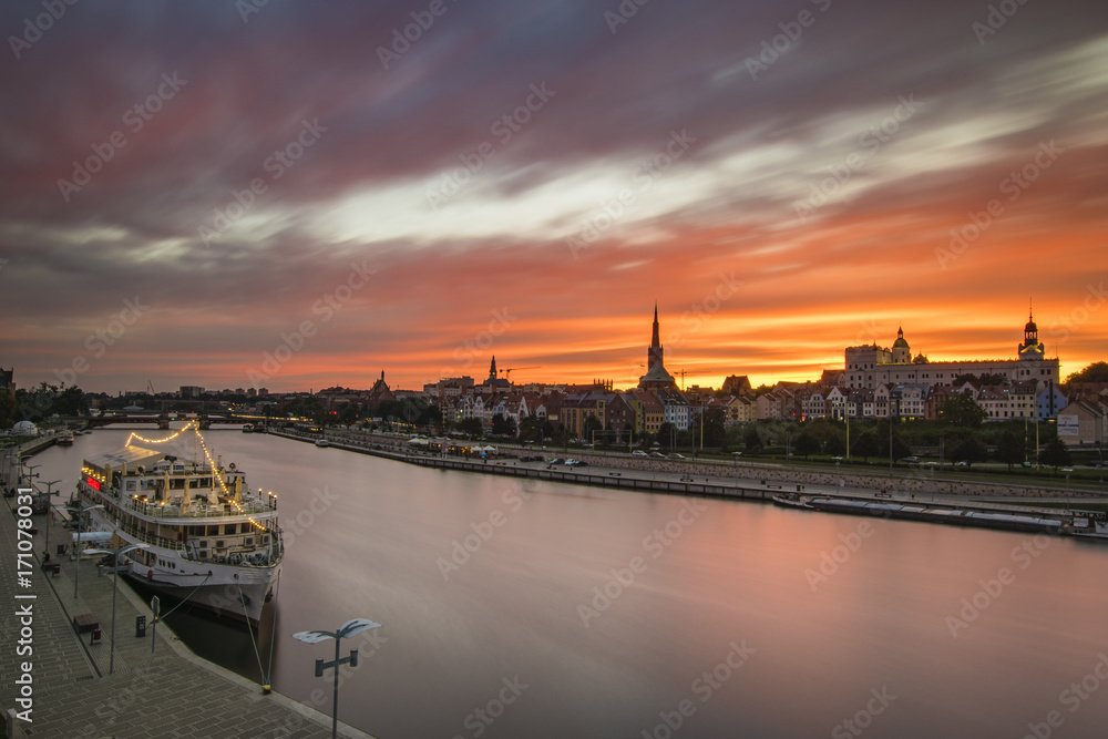 Evening panorama of Szczecin after sunset
