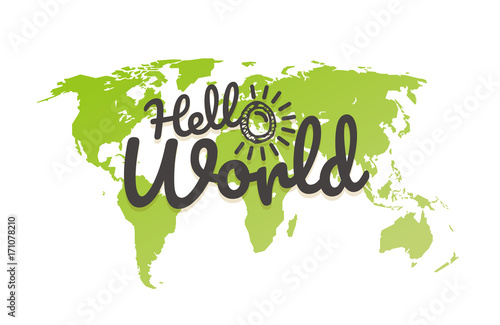 Hello world. World map with the logo