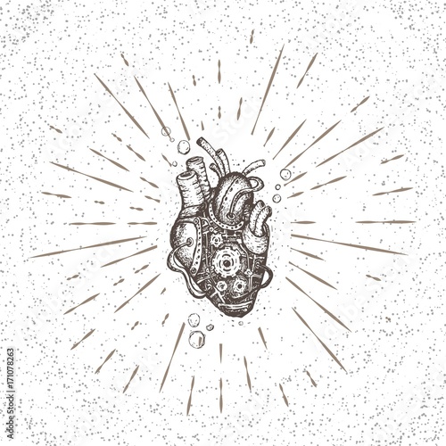 Illustration mechanical heart. Hand drawn vintage vector. Steampunk style.