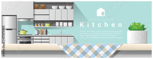 Interior design with table top and Modern kitchen background , vector , illustration