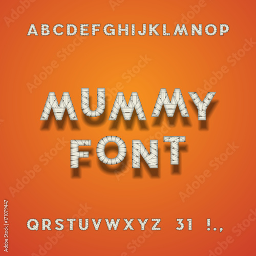 Mummy Bandage Font. Halloween Sans Serif Typeface. Letters, Punctuation Marks, Numbers 3 And 1. Latin Alphabet. Vector.